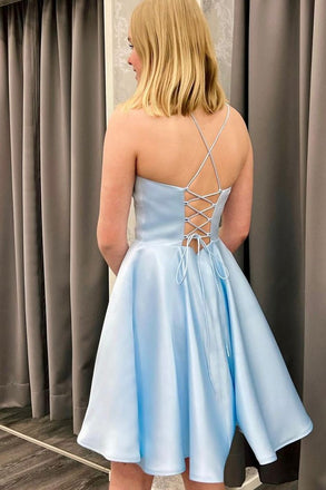 Elegant Light Blue Soft SAtin A-Line Cheap Simple Short Homecoming Dresses, HD109