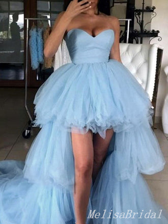 Sexy Elegant Strapless High Low Sweetheart Blue Tulle Evening Gown Long Prom Dresses with Trailing  ,MB262