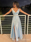 Sexy Light Blue V Neck A-line Long Prom Dresses Party Dresses to Impress with Front Slit,MB904