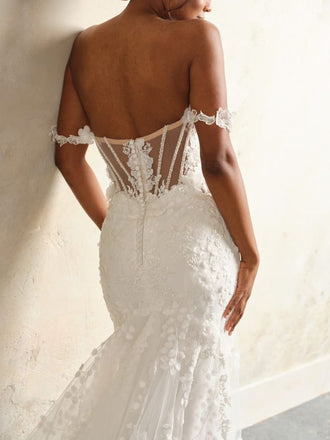 Elegant White Spaghetti Straps Lace Appliques Mermaid Side Slit Long Wedding Dresses,WD42