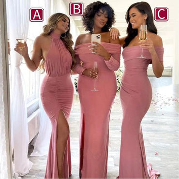 Mismached Elegant Pink Side Slit Simple Cheap Mermaid Long Bridesmaid Dresses ,BD134