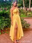 Sexy One Shoulder Yellow Side Slit A-line Evening Gown Long Prom Dresses  ,MB216