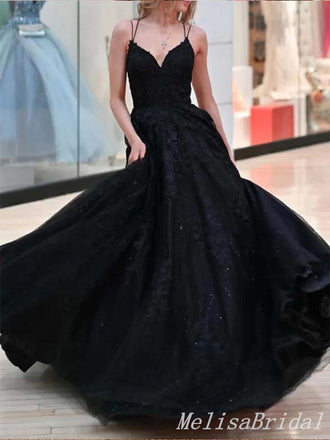 Gorgeous Plunging Black Lace Appliques Lace Up Back A-line Evening Gown Long Prom Dresses,MB291