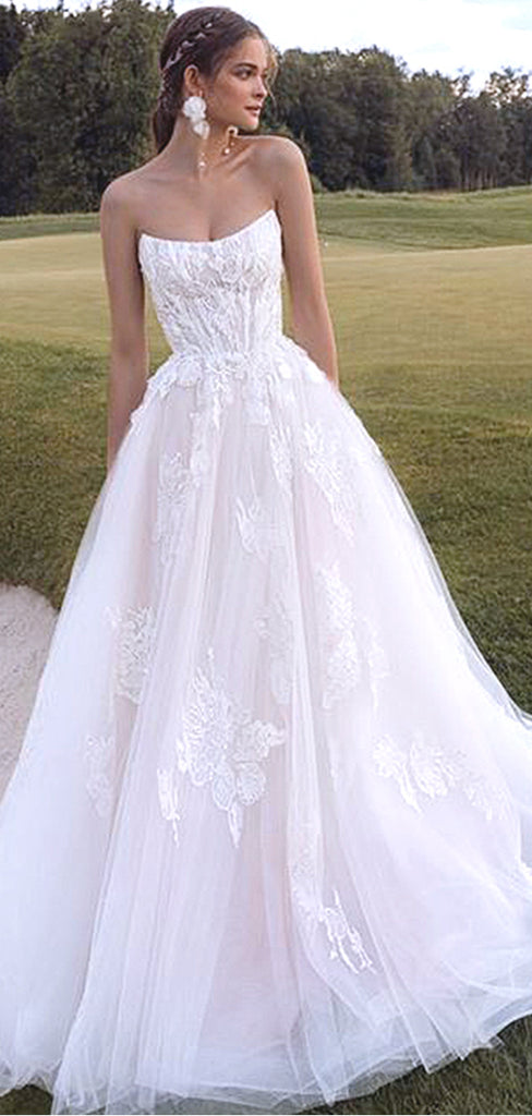 Elegant White Strapless A Line Tulle Appliques Lace Long Wedding Dresses, WD32