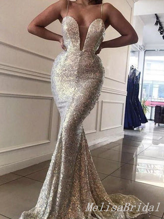 Sexy Sparkle Plunging Mermaid Spaghetti Straps Evening Gown Long Formal Dresses Prom Dresses ,MB347