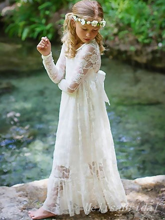 Elegant White Lace Appliques Tulle A- Line Cheap Long Flower Girl Dresses ,FG31