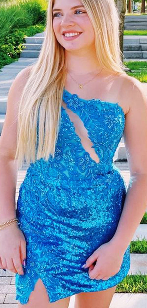 Elegant Blue Sequin One Shoulder Beading Cheap Simple Short Homecoming Dresses, HD88