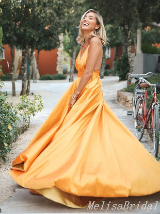 Orange A-Line Plunging Deep V-Neck Spaghetti Straps Evening Gown Maxi Long Evening Party Prom Dresses ,MB604