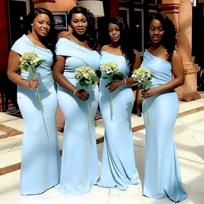 Elegant Blue One Shoulder Simple Cheap Mermaid Long Bridesmaid Dresses ,BD175