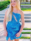 Elegant Blue Sequin One Shoulder Beading Cheap Simple Short Homecoming Dresses, HD88