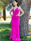 Elegant Pink Spaghetti Strap Ruffles V Neck Prom Dresses,MB90