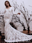 Elegant White V Neck Long Sleeve Mermaid Tulle Appliques Long Wedding Dresses, WD36