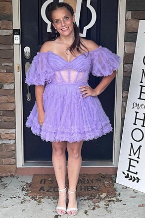 Elegant Light Purple Lace Tulle Ruffles Off Shoulder Appliqueas Illusion A-Line Simple Short Homecoming Dresses, HD68