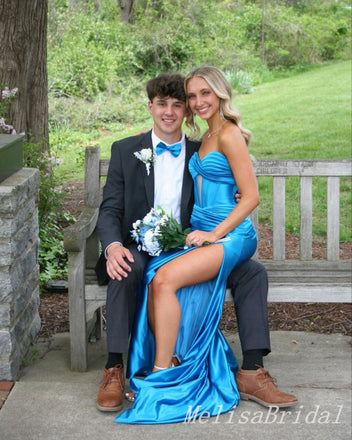 Sexy Blue Strapless Sweetheart Mermaid Long Prom Dresses Party Dresses to Impress with High Slit,MB905