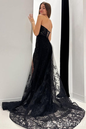 Mermaid Black Lace Appliques Lace UP Back Strapless Evening Ball Gown Maxi Long Formal Dresses Prom Dresses With High Slit,MB576
