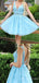 Sexy Beading Elegant Sky Blue Plunging A-line Leaf Appliques Tulle Short Homecoming Dresses with Pleats, HD268