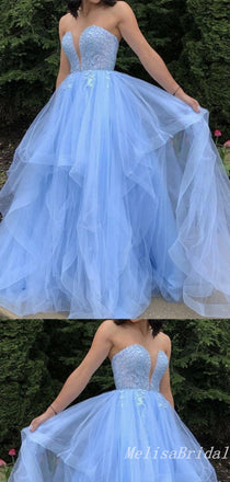 Sexy Fluffy Strapless Plunging Tulle Lace Appliques A-line Evening Gown Long Prom Dresses,MB275