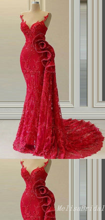Gorgeous Sexy Red Strapless Lace Appliques Mermaid Evening Gown Long Formal Dresses Prom Dresses,MB369