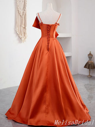 Orange A-Line Spaghetti Straps Bow Evening Ball Gown Maxi Long Evening Party Prom Dresses ,MB598