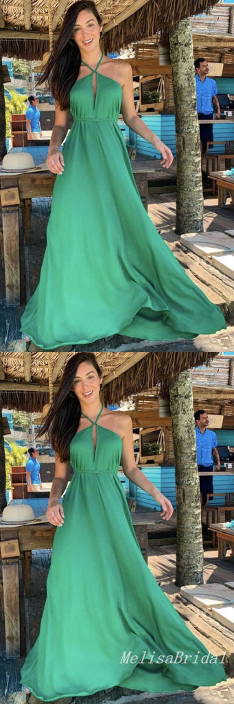 Elegant Green Halter A-line Party Dress Long Prom Dresses to Impress ,MB1000