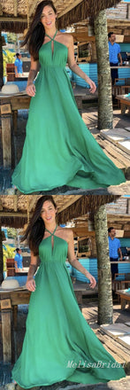 Elegant Green Halter A-line Party Dress Long Prom Dresses to Impress ,MB1000