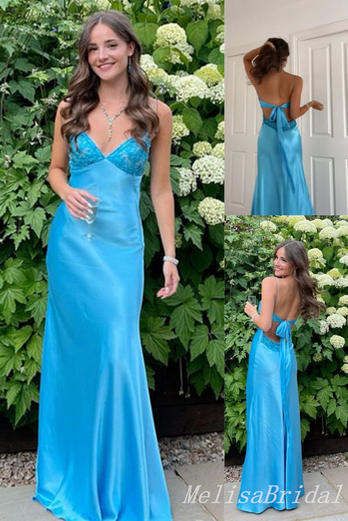 Blue Spaghetti Straps Sheath Evening Gown Maxi Long Evening Party Prom Dresses  ,MB736