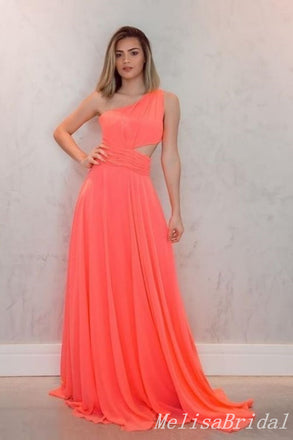 Orange One Shoulder A-line Evening Gown Long Evening Party Prom Dresses ,MB851