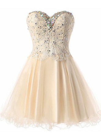 Champagne Strapless Sweetheart Lace Appliques Beaded Lace Up Back Graduation Party Short Homecoming Dresses, HD449
