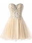 Champagne Strapless Sweetheart Lace Appliques Beaded Lace Up Back Graduation Party Short Homecoming Dresses, HD449