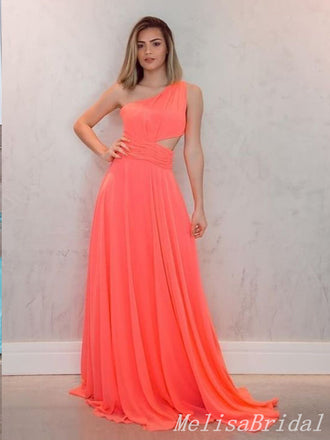 Orange One Shoulder A-line Evening Gown Long Evening Party Prom Dresses ,MB851