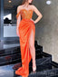 Gorgeous One Shoulder Orange PleatsSequin Side Slit Mermaid Evening Long Prom Dresses,MB60