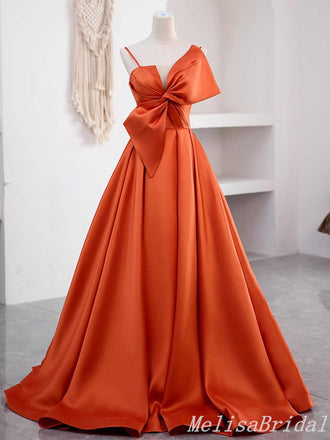 Orange A-Line Spaghetti Straps Bow Evening Ball Gown Maxi Long Evening Party Prom Dresses ,MB598
