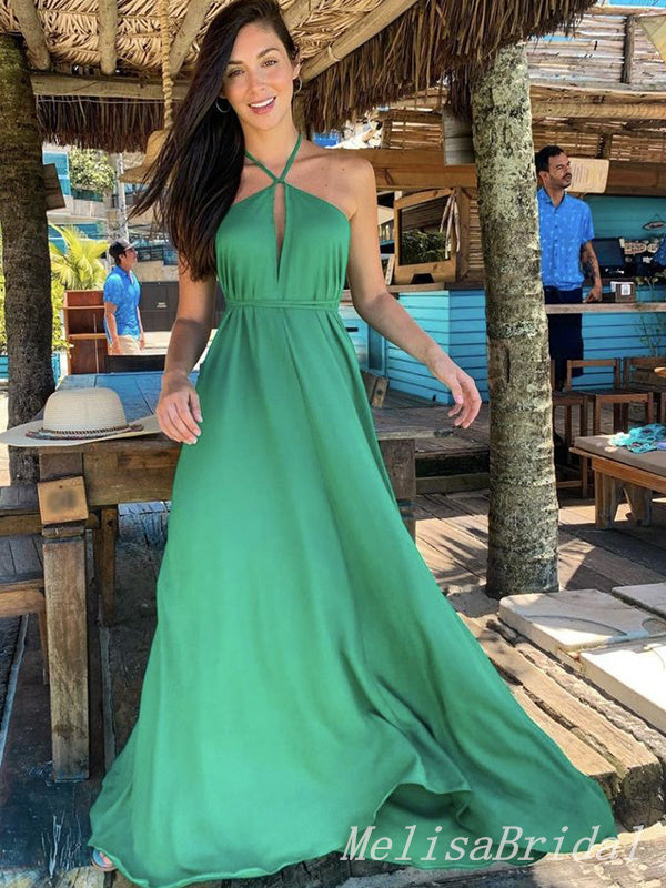 Elegant Green Halter A-line Party Dress Long Prom Dresses to Impress ,MB1000