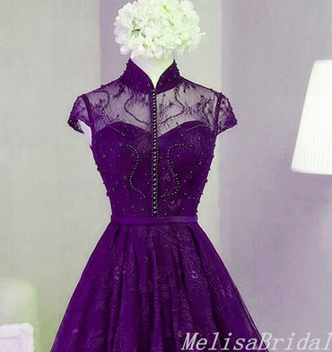 Purple Illusion High Neck Lace Appliques Beaded Lace Up Back Graduation Party Short Homecoming Dresses, HD450