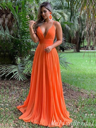 Orange Spaghetti Straps A-line Evening Gown Long Evening Party Prom Dresses,MB852