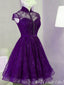 Purple Illusion High Neck Lace Appliques Beaded Lace Up Back Graduation Party Short Homecoming Dresses, HD450