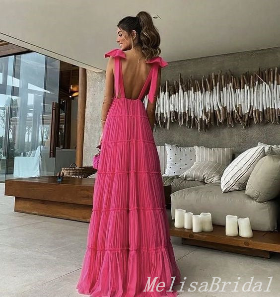 Sexy Open Back V Neck A-line Party Dress Long Prom Dresses to Impress ,MB1002