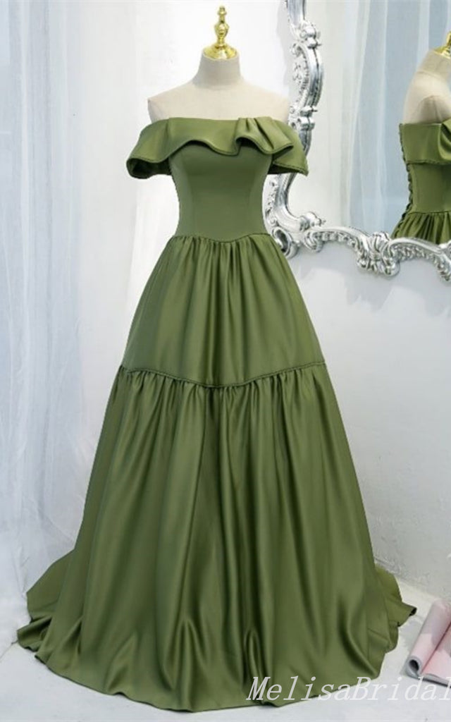 Gorgeous Off Shoulder Green Lace up Back A-line Long Party Dress Prom Dresses,MB1053