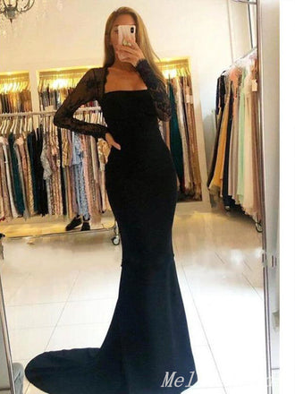 Black Long Sleeves Mermaid Appliques Straight Neck Evening Gown Maxi Long Evening Party Prom Dresses With Trailing,MB670