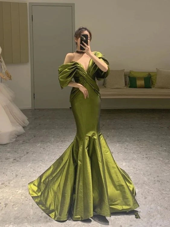 Elegant  Bubble Pleats Green Off Shoulder Mermaid Evening Long Prom Dresses,MB62