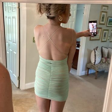 Elegant Light Green Spaghetti Straps Pleats Simple Cheap Short Homecoming Dresses, HD185