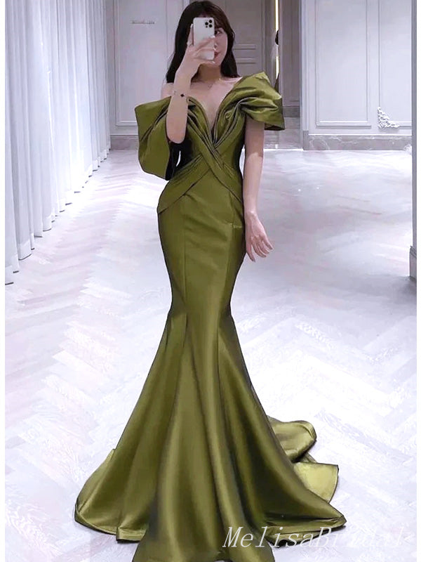 Elegant  Bubble Pleats Green Off Shoulder Mermaid Evening Long Prom Dresses,MB62