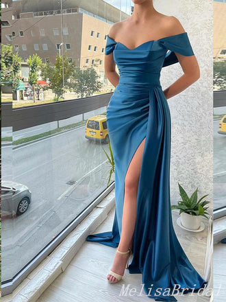 Blue Off Shoulder Mermaid Evening Gown Long Evening Party Prom Dresses with Slit,MB853