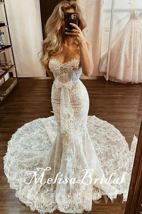White Mermaid Sweetheart Lace Appliques Strapless Long Wedding Dresses With Trailing ,WD74