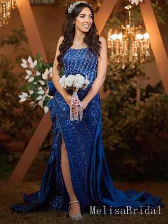 Sparkly Navy Blue Sequin Side Slit Lace Up Back Panel Train Mermaid Evening Prom Dresses,MB17