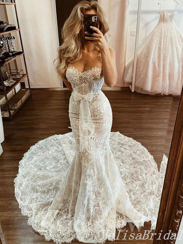 White Mermaid Sweetheart Lace Appliques Strapless Long Wedding Dresses With Trailing ,WD74