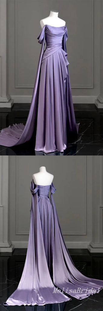 Elegant Purple Off the Shoulder A-line Party Dress Long Prom Dresses to Impress,MB1003