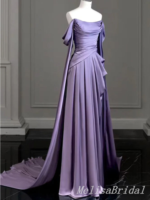 Elegant Purple Off the Shoulder A-line Party Dress Long Prom Dresses to Impress,MB1003