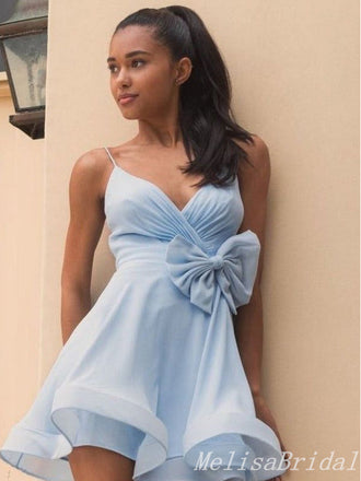 Light Blue Spaghetti Straps V Neck A-Line Graduation Party Short Homecoming Dresses, HD451