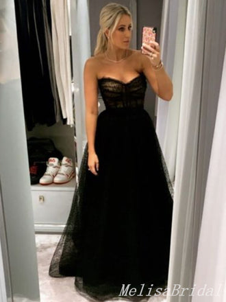 Black Strapless A-line Evening Gown Long Evening Party Prom Dresses,MB855